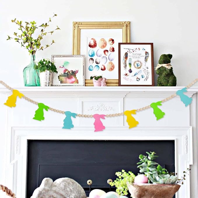 4.2 FT Easter Decorations Garland, Cute Easter Bunny Wood Bead Garland Banner for Fireplace Wall Mantle Home Indoor Outdoor Spring Decor