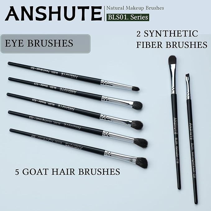 7-Piece Professional Eye Brush Set with Natural Goat Hair Bristles and Synthetic Fibers， Eyeshadow, Eyeliner, Concealer, and Precise Makeup Application，Super Soft Bristles, Labled Brush Handle
