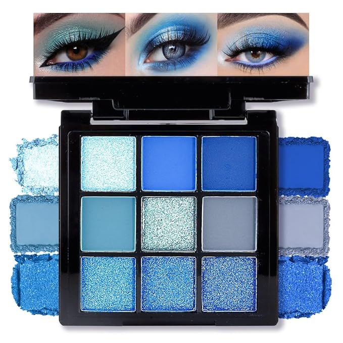 AMY'S DIARY Matte Shimmer Light Deep Blue Eye Shadow Palette Makeup,Eyeshadow Long Lasting Waterproof Cruelty-Free, 9 Blendable Shades in Smooth Finishes with Gorgeous Pearls for Girls (Blue)