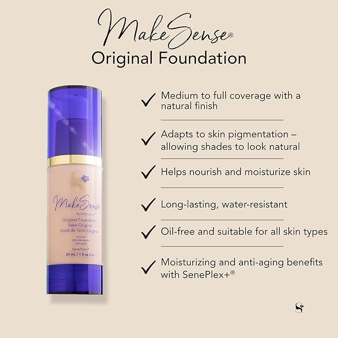 SeneGence MakeSense Original Foundation, Pecan, 1 Fl Oz, Long-Lasting Oil-Free Formula with Skin-Nourishing Ingredients, Water-Resistant