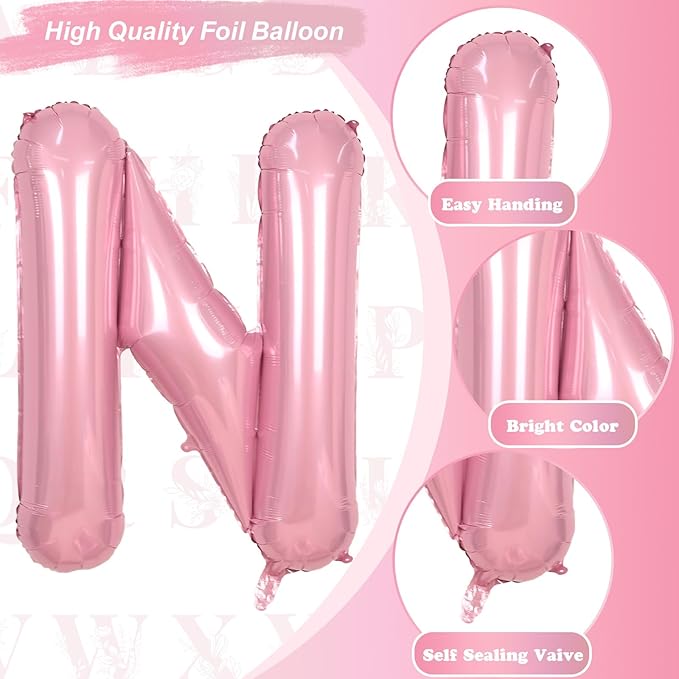 Pastel Pink N Letter Balloon, 40 Inch Giant Light Pink Mylar Helium Foil Alphabet N for Girls, Self Inflating N Birthday Balloon for Women Anniversary Baby Shower Princess Party Decoration Supplies