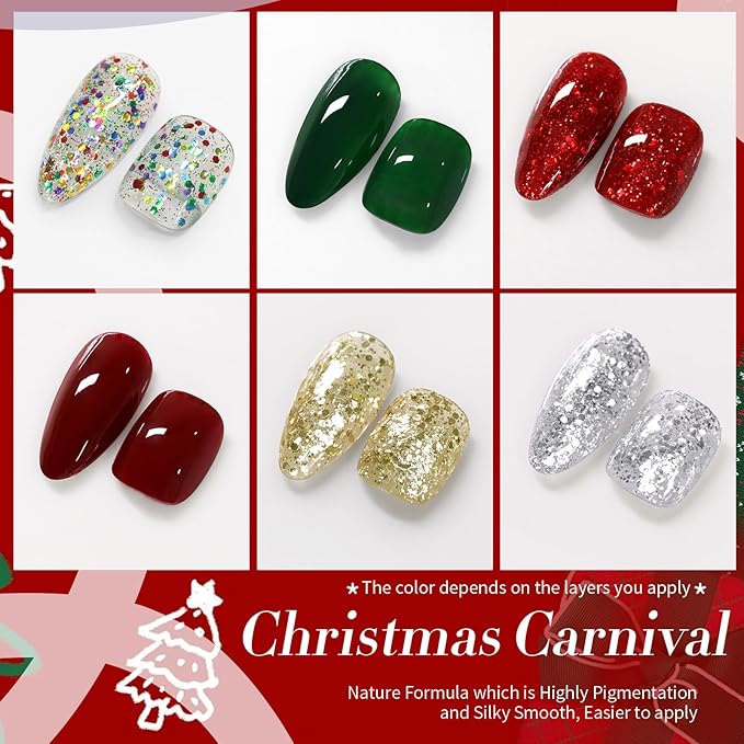 Born Pretty Christmas Nail Polish Set,6 Colors Red Green Sparkle Glitter Gold Silver Quick Dry Nail Polish Christmas Fast Drying Fingernail Lacquer Nail Art Design Manicure Salon DIY Home
