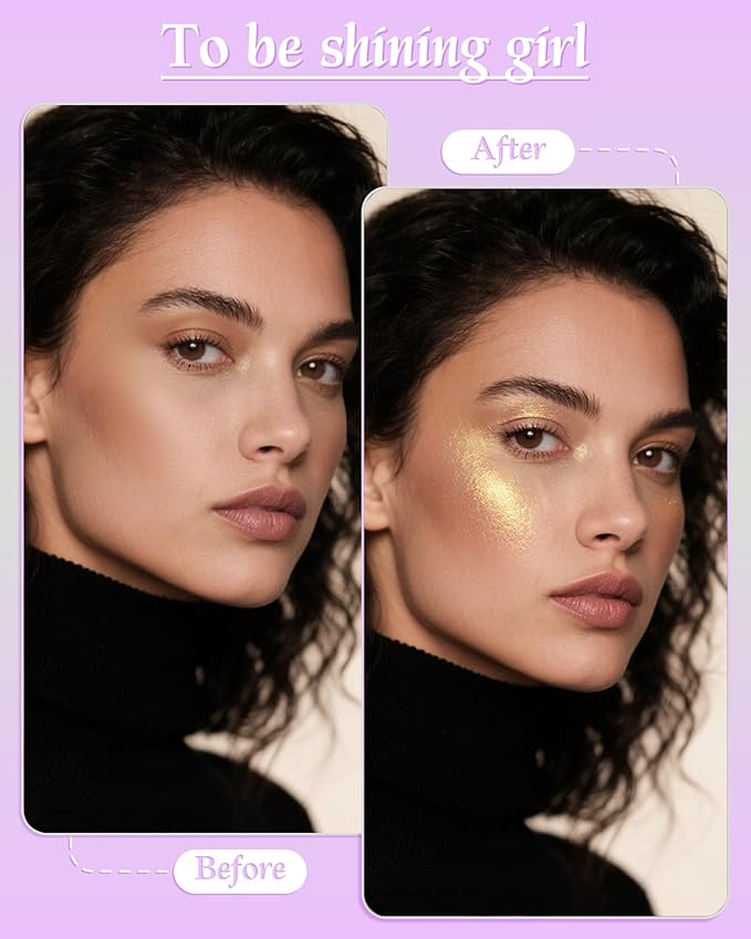 Highlighter Powder with Brush | 3D Contouring & Radiant Glow for Face, Body & Hair | Pearlescent Shimmer, Long-Lasting & Buildable Coverage | Women's Makeup for Daily & Special Occasions