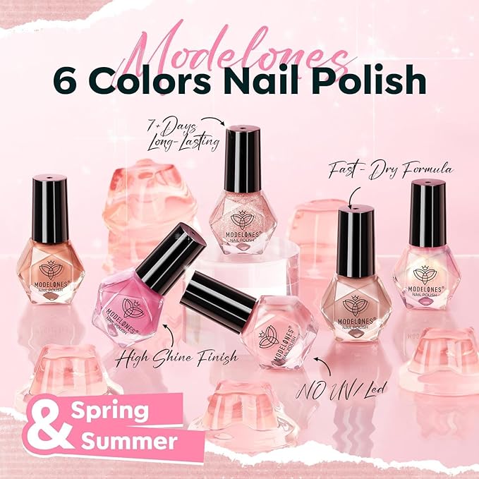 modelones Nail Polish Set, 6 Colors Jelly Nail Polish 2025 Translucent Pink Red Nude Orange Glitter Quick Dry Fingernail Polish Salon Home DIY Manicure Kit Mothers Day Gifts for Women