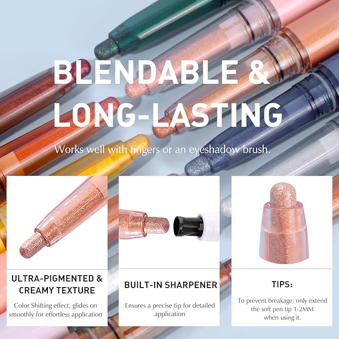 Glitter Eyeshadow Stick Metallic Chrome Finish, Shimmer Cream Eye Shadow Stick Long Lasting Holographic Color Sparkle Multi-Use Eye Brightener Highlighter Makeup Blendable Eyeliner Pencil, 1#