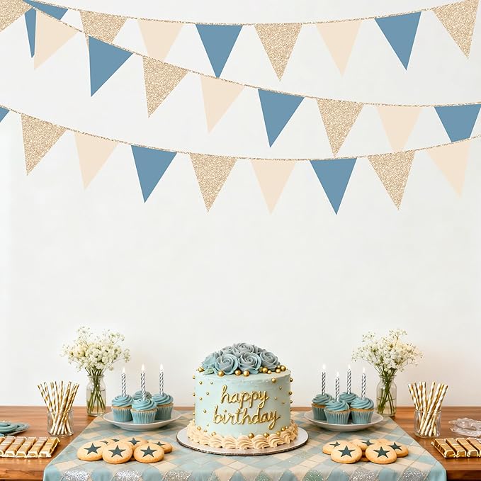 30Ft Champagne Gold Dusty Blue Beige Party Decorations Pennant Banner Flag Hanging Paper Triangle Bunting for Baby Shower Birthday Graduation Wedding Bachelor Retirement Nautical Party Supplies