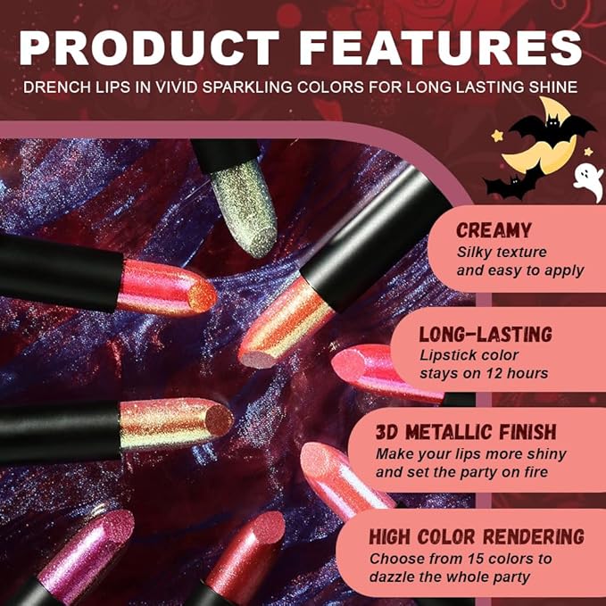 Orange Metallic Lipstick for Women,Lightweight Non-Drying Shimmer Frosted Lipsticks,Glitter Lip Gloss Stain Long Lasting Waterproof No Smudge Proof No Transfer 12 Hour,Cruelty-Free Makeup