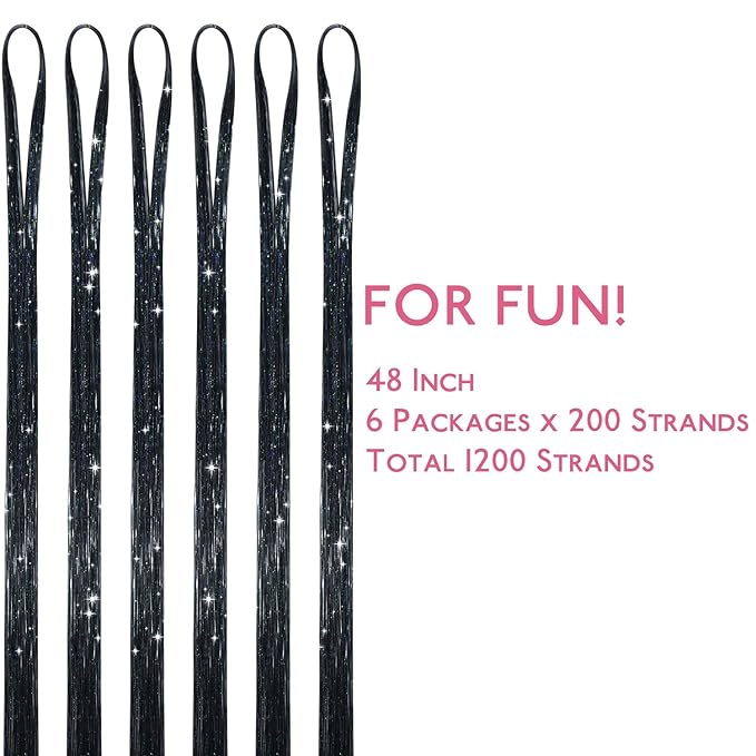 WENNALIFE Hair Tinsel for Girls, Black Fairy Kit 1200 Strands 6PCS 48 Inch Heat Resistant Glitter Tinsel Hair Extensions Kit Christmas Feathers Sparkle Strands