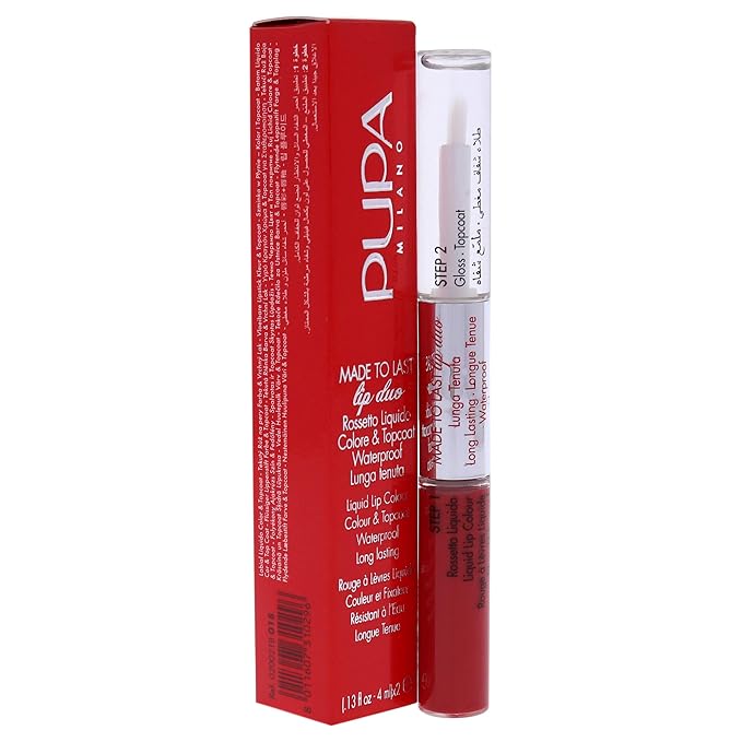 PUPA Milano Made To Last Lip Duo - Smudge-Proof Lip Color And Gloss - Highly Pigmented Shades - One Swipe Color Payoff - Gives Unrivaled Glassy Effect - Long Lasting - 018 Imperial Red - 0.13 Oz