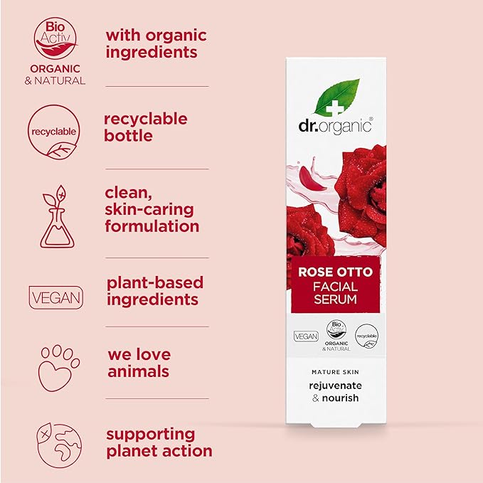 Dr. Organic Rose Otto Facial Serum | Nourishes and Smoothes Skin, Promotes Healthy Aging, Natural, Certified Organic, Paraben & SLS-Free, 30 mL / 1 fl oz