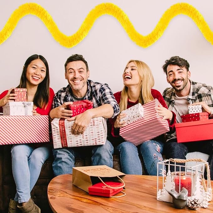 25 Feet Christmas Foil Fringe Banner Metallic Tassle Garland Metallic Backdrop Parade Floats Shiny Hanging Ceiling, Valentine's, Wedding, New Year Party Decorations(4" x 25', Macaron Yellow)