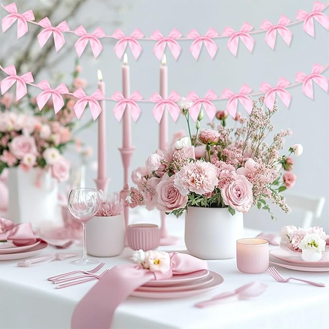 2pcs Pink Bow Garland Banner, Pink Ribbon Bow Party Decorations for Baby Shower Girls Bow Coquette Birthday Party Decor