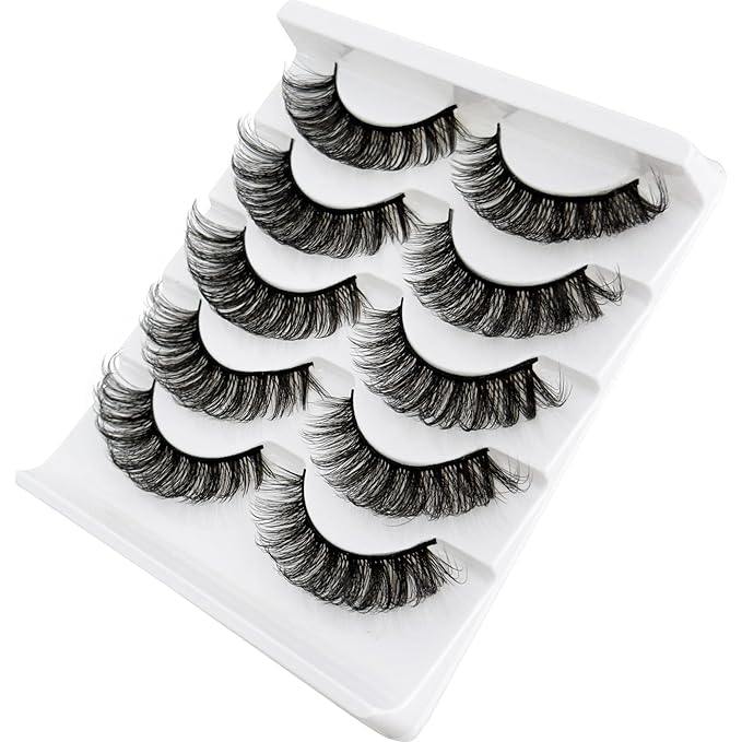 Short Thick Lashes Natural Look D Curl Eyelashes that Look Like Extensions 5 Pair Fluffy Mink Wispy Cat Eye Strip False Volume Lash Pack 8-14mm Full Mega Double Stacked Eyelash Small Fake Lashes