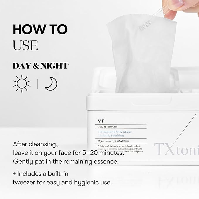 VT COSMETICS TX Toning Daily Mask 30 Sheets, Tranexamic Acid, Niacinamide, Glutathione for Acne Scars, Dark Spots, Sun Spots, Hydrating & Glowing Facial Mask, Fragrance-Free, Korean Face Mask