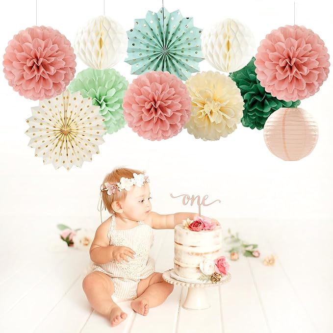 Sage-Green Pink-Beige Boho Party-Decorations Streamers - 14pcs Rustic Neutral Wedding Olive Paper Honeycomb Lanterns Fan,Birthday Baby Bridal Shower Engagement Decor Lasting Surprise