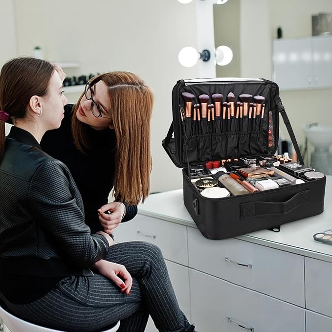 Relavel Large Makeup Organizer Profession Makeup Bag Extra Large Makeup Case with Adjustable Dividers, Adjustable Angle Fixed Belt and Shoulder Strap Plastic Dividers