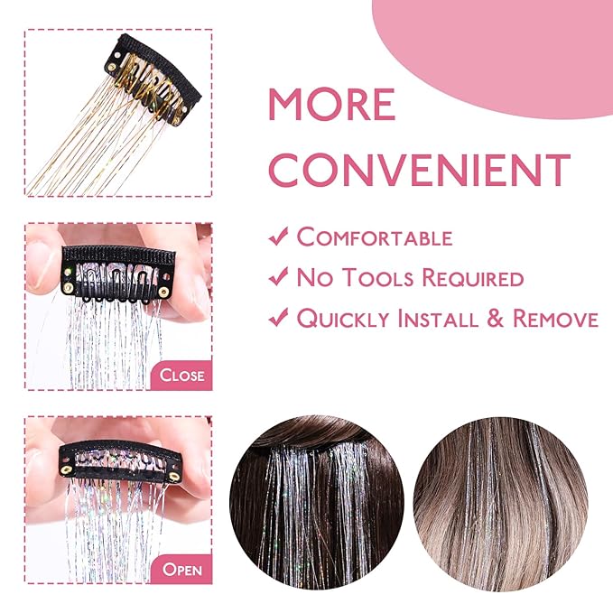 WENNALIFE Hair Tinsel kit for Girls, Clip in Hair Tinsel Champagne, 12PCS 24 Inch Hair Accessories for Women Clip in Colorful Glitter Fairy Girls for Kids