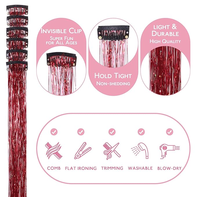 WENNALIFE Hair Tinsel Clip In for Girls Red, 6pcs 24 inch Clips Tinsel Hair Extensions Clip in Colorful Glitter Clips Sparkle Fairy Hair Accessories for Kids