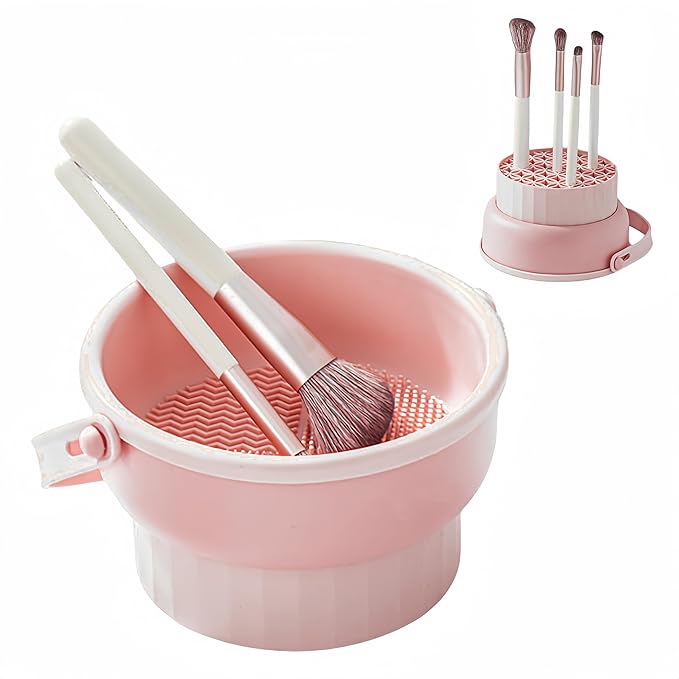 3 in 1 Silicone Makeup Brush Cleaner Bowl, Make up Brush Cleaner Mat with Makeup Brush Drying Holder and Comestic Brush Organizer, Paint Brush Cleaner