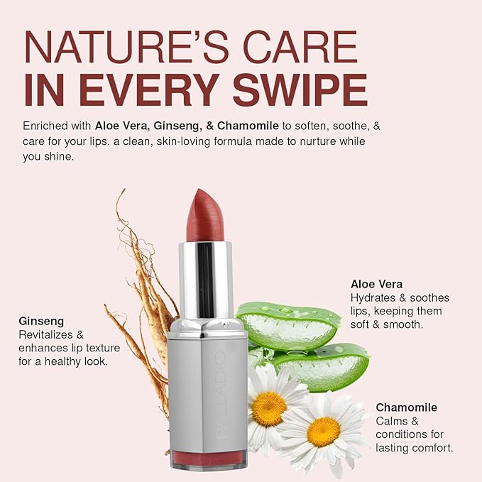 Palladio Herbal Lipstick, Rich Pigmented and Creamy, Infused with Aloe Vera, Chamomile & Ginseng, Prevents Lips from Drying, Combats Fine Lines, Long Lasting Lipstick, Roseberry