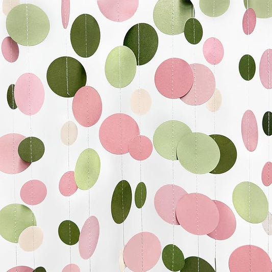 Sage Green and Dusty Pink Polka Dots Garlands Olive Green Dusty Rose Beige Hanging Paper Circle Dots Streamer for Girls Birthday Baby Shower Wedding Engagement Bachelorette Party Decorations Supplies