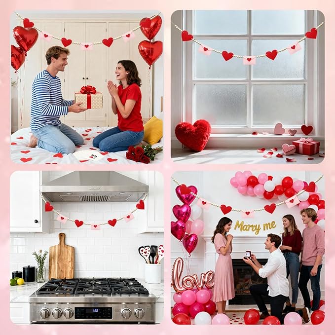 Valentines Day Decorations, Felt Heart and Envelope Garland with Wooden Beads, Valentines Day Garland for Mantle, Heart Decorations, Banner, Fireplace, Wall, Party (Heart and Envelope)