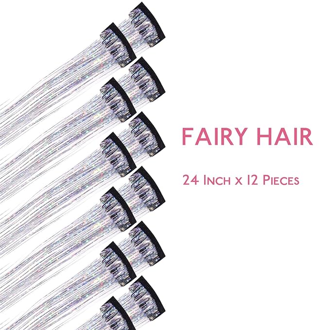 WENNALIFE Hair Tinsel Clip In for Girls Silver, 12pcs 24 inch Clips Tinsel Hair Extensions Clip in Colorful Glitter Clips Sparkle Fairy Hair Accessories for Kids
