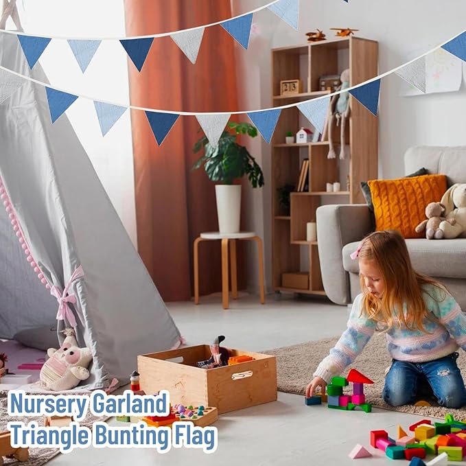 2PCS Pennant Banner Flags, Fabric Bunting Banner Nursery Garland Decor, Baby Shower Garland, Triangle Flags for Baby Boy Room, Playroom, Boho Birthday Party Decor, Each 7.75 ft (Blue Gray)