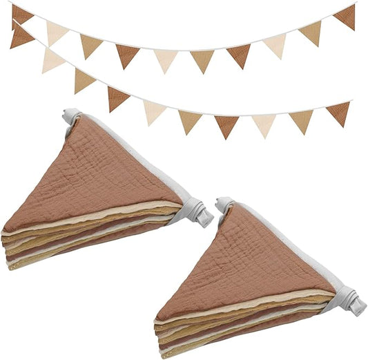 2PCS Pennant Banner Flags, Fabric Bunting Banner Nursery Garland Decor, Baby Shower Garland, Triangle Flags for Baby Boy Room, Playroom, Boho Birthday Party Decor, Each 7.75 ft (Brown White)