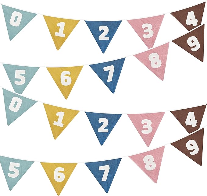 2 Sets of Retro Colored Pennant Banner 20Pcs Nursery Garland Flags Numbers 0-9 Fabric Linen Triangle Streamers for Kids Birthday Baby Shower Party Decorations Classroom Baby Room Math Learning Decor