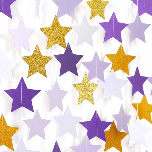 Purple-Lavender White-Gold Party-Decorations Star Garland - 62ft Streamers Hanging Banner,Girl Birthday Wedding Twinkle Twinkle Little Star Baby Bridal Shower Graduation Decor Hugtmr
