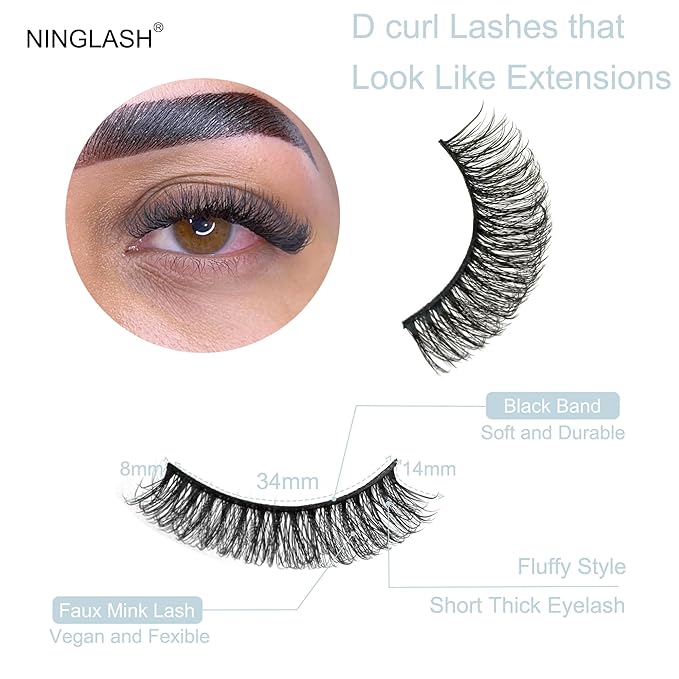 Short Thick Lashes Natural Look D Curl Eyelashes that Look Like Extensions 5 Pair Fluffy Mink Wispy Cat Eye Strip False Volume Lash Pack 8-14mm Full Mega Double Stacked Eyelash Small Fake Lashes