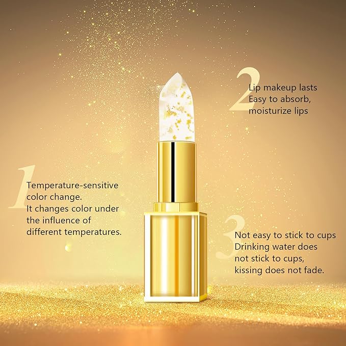 Transferproof Color Changing Lipstick, Gold Foil Moisturizing Glossy Shine Lip Gloss, Gold Crystal Color Changing Lipstick, Warm Change Color Change Lip Stick for Women Deep Nourishment (2Pcs)