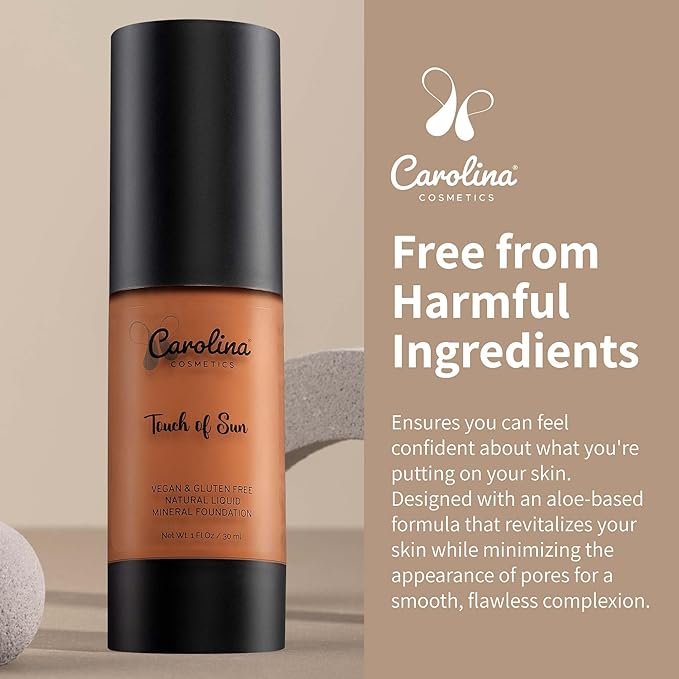 Carolina Cosmetics - Plant-Based Foundation in Touch of Sun Shade - Hydrating, Pore-Minimizing & Buildable Coverage - Vegan, Non-GMO, Gluten-Free, Paraben-Free - Sun Protection - 1Fl Oz