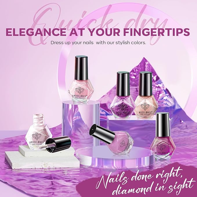 modelones Purple Nail Polish Set 6 Colors, Glitter Pink Shimmer Sparkle Mini Nail Lacquer Kit, Infinite Shine Quick Dry Long Lasting Nail Art DIY Home Salon Manicure Gift for Women Girls
