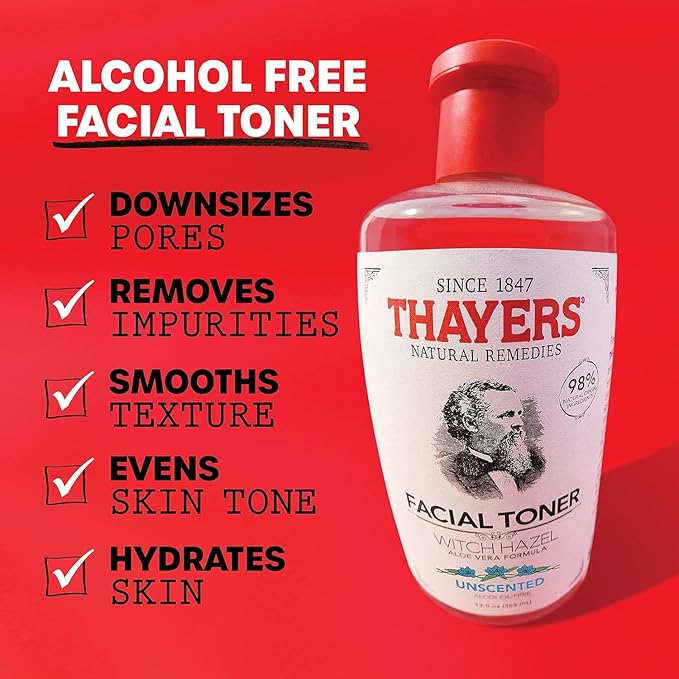 THAYERS Alcohol-Free, Hydrating, Unscented Witch Hazel Facial Toner with Aloe Vera Formula, Vegan, Dermatologist Tested and Recommended, 12 Oz (Pack of 2)