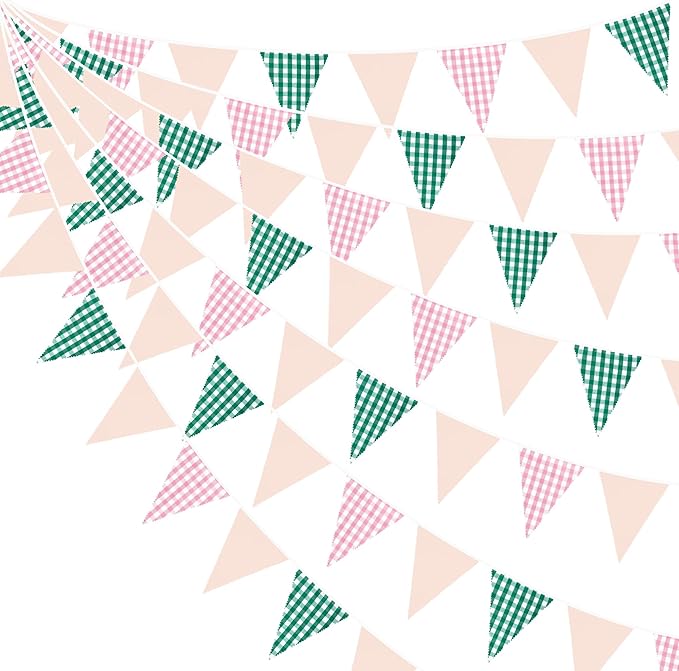 32Ft Pink Green Gingham Camp Bride Banner Green Pink Plaid Checkered Fabric Triangle Flag Pennant Garland Streamers for Camping Bachelorette Glamping Baby Shower Wedding Birthday Party Decorations