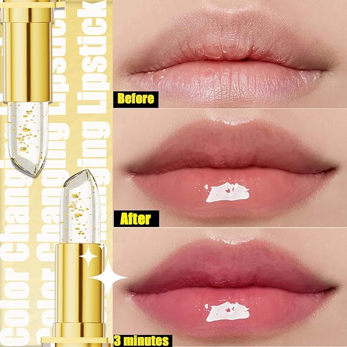 Transferproof Color Changing Lipstick, Color Changing Lipstick for Women, Gold Crystal Ph LipstickColorChanging, Magic Temperature ChangingColorLipstick, Long Lasting 24 Hours Moisturizing