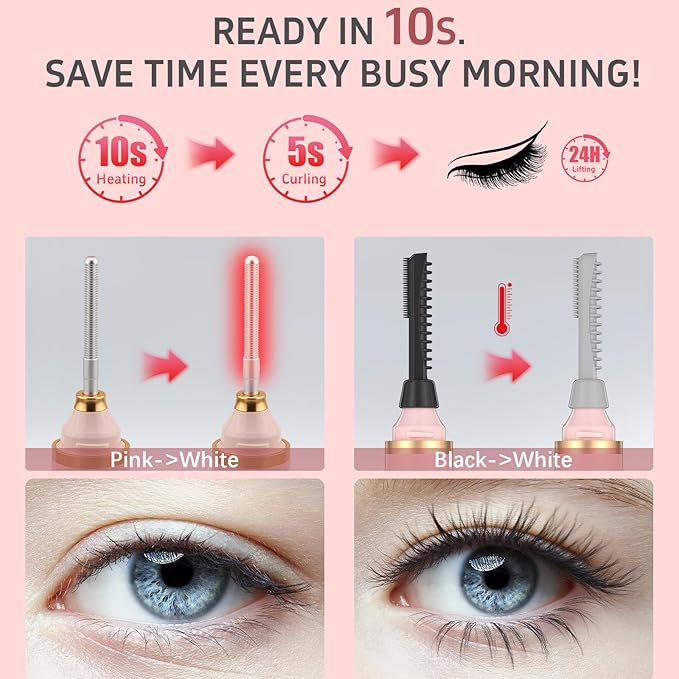 3 in 1 Heated Eyelash Curler, Rechargeable Heated Eyelash Curlers for Women, Electric Lash Curler with 3 Brush Heads, 24H Natural Curling with 3 Temp Settings 10s Fast Heating, Pink