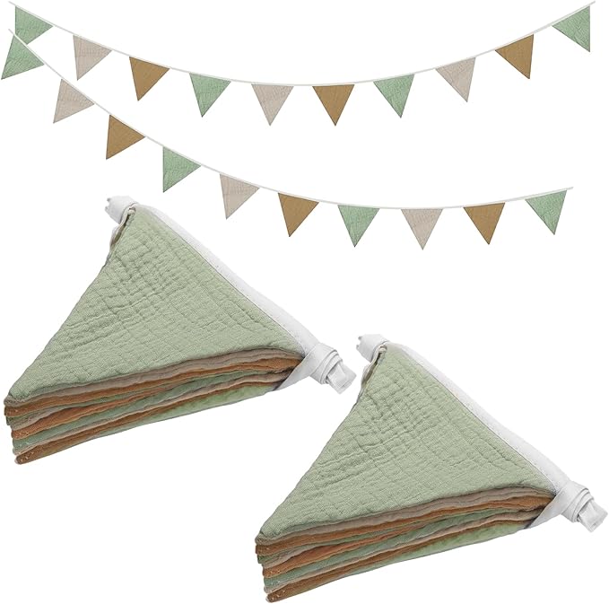 2PCS Pennant Banner Flags, Fabric Bunting Banner Nursery Garland Decor, Baby Shower Garland, Triangle Flags for Baby Boy Room, Playroom, Boho Birthday Party Decor, Each 7.75 ft (Mistwood Color)