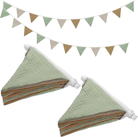 2PCS Pennant Banner Flags, Fabric Bunting Banner Nursery Garland Decor, Baby Shower Garland, Triangle Flags for Baby Boy Room, Playroom, Boho Birthday Party Decor, Each 7.75 ft (Mistwood Color)