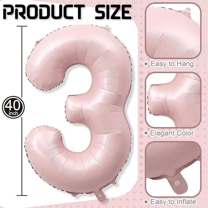 3rd Birthday Balloons for Girls, 40'' Foil Self Inflating Light Baby Pink Number 3 Balloon, Pastel Dusty Blush Pink Large 3 Balloon Number for 3 Yeal Old Birthday Party Decor Anniversary Decorations
