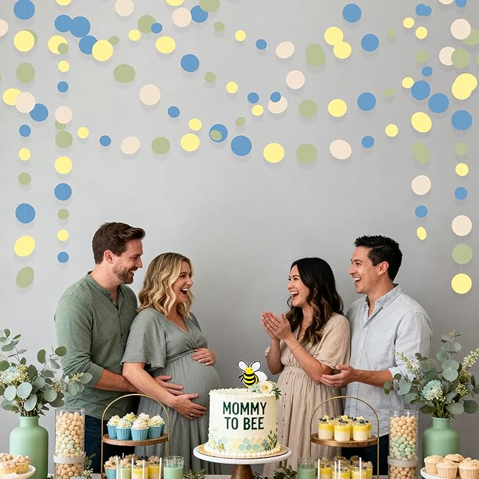 Sage Green Dusty Blue Yellow Beige Polka Dots Garlands Olive Green Macaron Yellow Dusty Blue Sand White Cream Nude Hanging Paper Circle Dots Streamer for Birthday Baby Shower Wedding Party Decorations