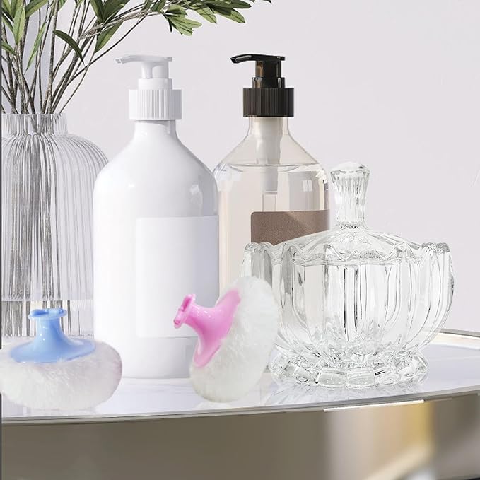 3 Pcs Large Body Powder Puff and Container,Glass Reusable Box Crystal Case Jar with Soft Puff Pumpkin Shaped