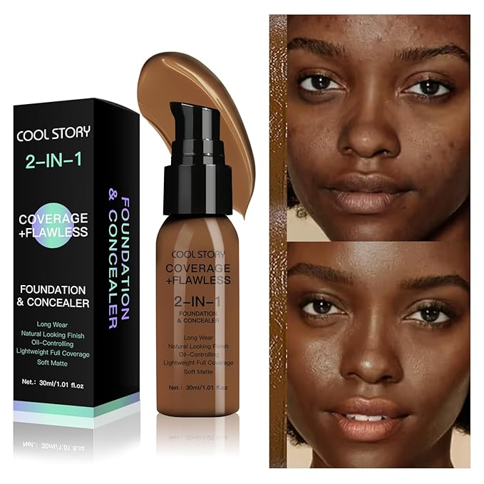 2-in-1 Foundation and Concealer Long Wear Natural Matte Finish Lightweight Coverage (Cappuccino)