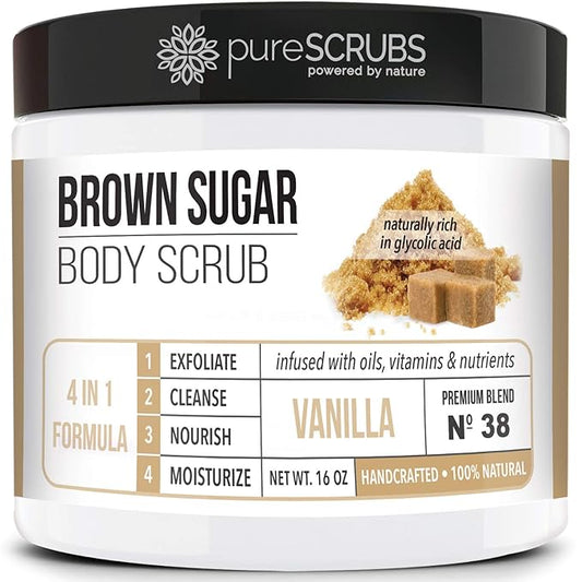 pureSCRUBS Premium Vanilla Brown Sugar Scrub | Face, Feet & Full Body Scrub | Large 16oz Jar Includes Wooden Spoon, Loofah & Mini Exfoliating Bar Soap