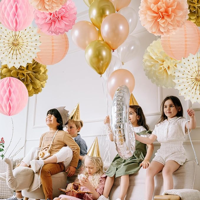 Pink Peach Gold Party Decorations - 14pcs Bridal Baby Shower Girls Birthday Paper Lanterns Fan,Tissue Pom Poms Streamers,Honeycomb Balls,Engagement Wedding Bachelorette Brunch Decor Lasting Surprise