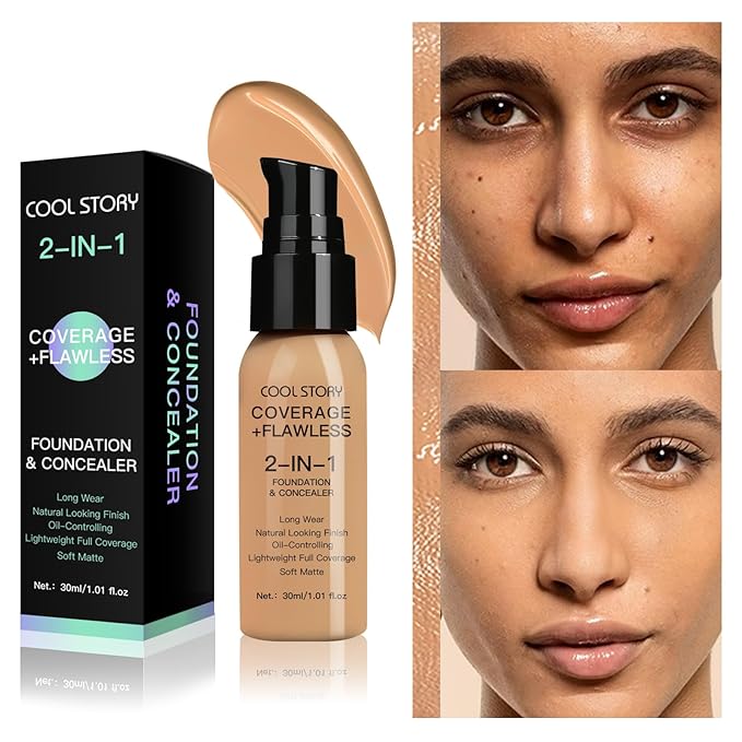 2-in-1 Foundation and Concealer Long Wear Natural Matte Finish Lightweight Coverage (Warm Tan)