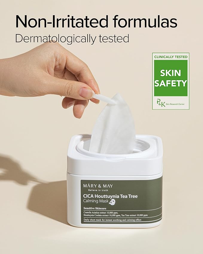 Mary&May CICA Houttuynia Tea Tree Calming Mask - Daily Pull Out Sheet Mask for Instant Soothing & Moisturizing - Korean Skincare, Hypoallergenic and Cruelty-Free, 30 Sheets