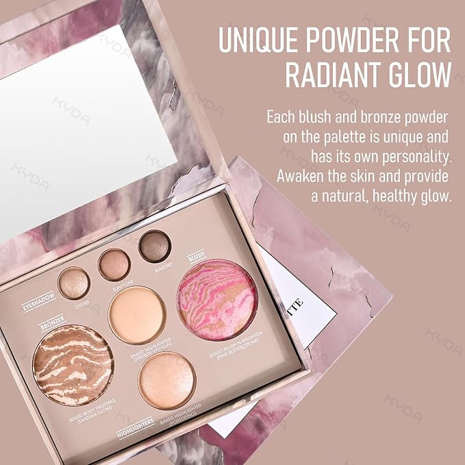 KYDA Baked Makeup Palette, Full Size Baked Palette Compact Includes Bronzer, Blush, Highlighters and 4 Eyeshadows, Travel-Friendly Baking Makeup, Highly Pigmented, Long-Wearing